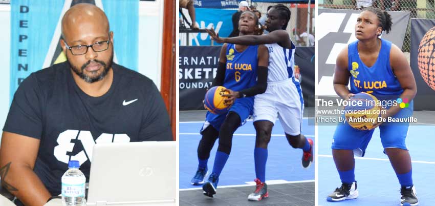 Image: (L-R) SLBF President Leslie Collymore; Saint Lucia’s RamaniHippolyte in action against Trinidad and Tobago; Saint Lucia’s Mia Charlemagne at the free throw line at the IBF Lesser Antilles 3x3 Tournament. (Photo: Anthony De Beauville)