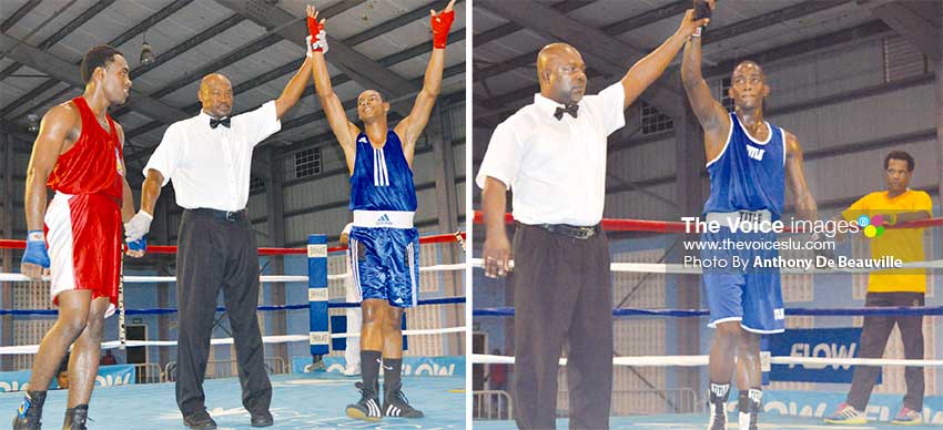 Image: Saint Lucia’s Jervil Sinaise and Nathan Ferrari acknowledge their victories over Anthony Matheson (Grenada) and Wynton Phillip (Antigua and Barbuda) on the opening night. (PHOTO: Anthony De Beauville)