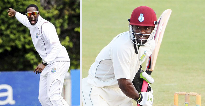 Image: Windward Islands right arm off break bowler Shane Shillingford and opening batsman Devon Smith. (Photo:AP/GP)