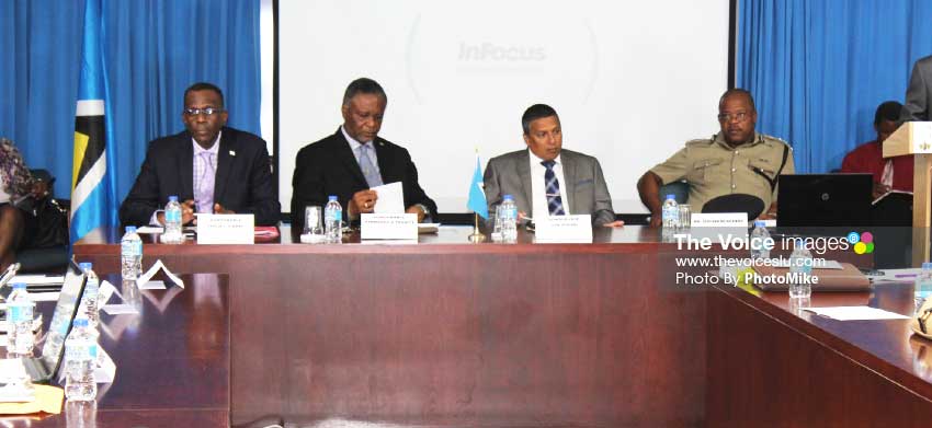 Image: Symposium’s head table: L-R: Opposition Leader, Philip J Pierre; National Security and Home Affairs, Minister Hermangild Francis; Economic Development Minister, Guy Joseph; and Police Commissioner, SeverinMoncherry. (PhotoMike)