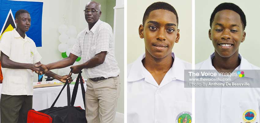 Image: (L-R) Young Noel Leo receiving much-needed cricket gear from Hensley Paul of the South Castries Cricket Association; Bolton Sayers and Ryan Goodman are expected to lead Saint Lucia’s charge in both batting and bowling. (PHOTO: Anthony De Beauville)
