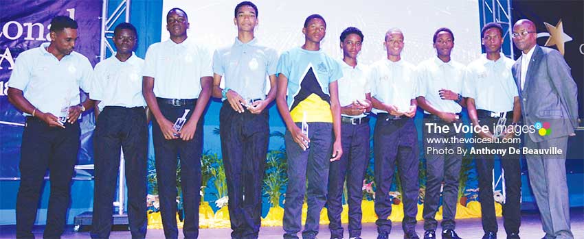 Image: Commonwealth Youth Games Beach Soccer Team Gold Medal winners honoured on the night; also in photo: Permanent Secretary in the Department of Youth Development and Sports, Donavan Williams on far right .(PHOTO: Anthony De Beauville)