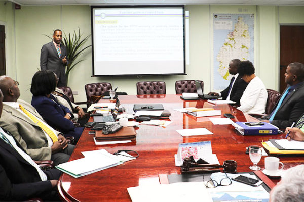 Image of ECCB Governor, Timothy Antoine, makes presentation to Cabinet.