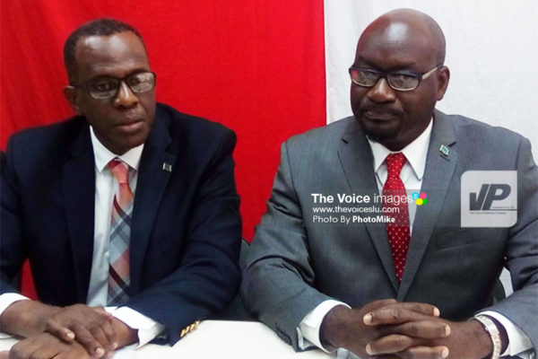 Image of Jn. Baptiste (right) and SLP Political Leader, Philip J. Pierre. (PhotoMike)