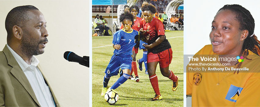 Image: (L-R) SLFA President Lyndon Cooper will address the gathering; Junior female, National Under–17 striker Krysan St. Louis (No. 7) in action in the CONCACAF tournament (VFS); Senior female captain, Elissa Marquis (Dennery). (PHOTO: Anthony De Beauville)