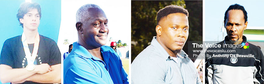 Image: (L-R) Sebastien Ribot, gold medalist at the Commonwealth Youth Games, Bahamas; Emmanuel Belasse (VFS), Shayne Paul and Dermont Monrose (Gros Islet) vying for Administrator and Coach of the Year awards respectively. (PHOTO: Anthony De Beauville)