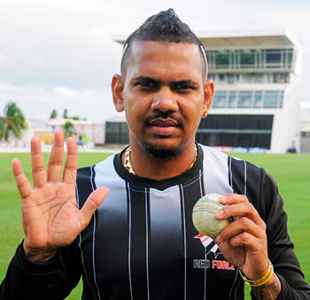 Image: Sunil Narine finished with 5 for 10, Combined Campuses and Colleges versus Trinidad & Tobago. (Photo: CWI Media)