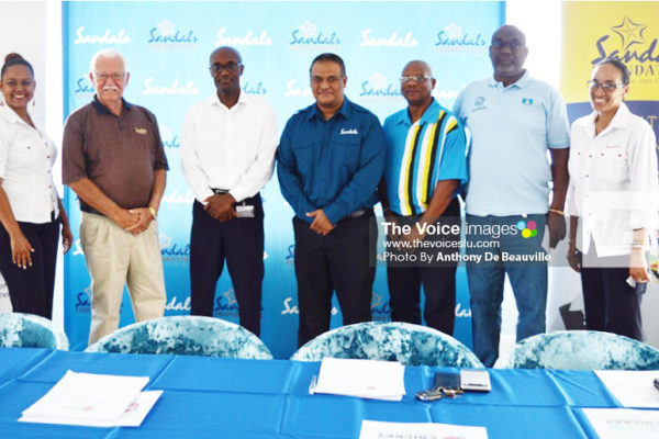 Image: A proud moment for members of Sandals International, the SLNCA representatives and Joseph ‘Reds’ Perreira at the inaugural press launched of the ‘Sandal Cup’ at Sandals Halycon (PHOTO: Anthony De Beauville)