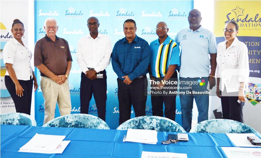 Image: A proud moment for members of Sandals International, the SLNCA representatives and Joseph ‘Reds’ Perreira at the inaugural press launched of the ‘Sandal Cup’ at Sandals Halycon (PHOTO: Anthony De Beauville)