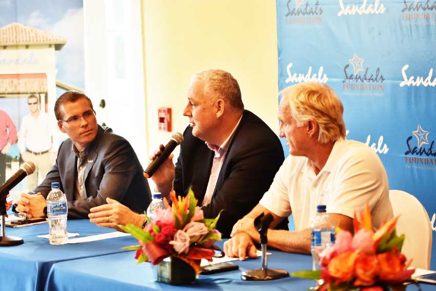 Image: Saint Lucia Prime Minister Honourable Allen Chastanet flanked by Sandals CEO and Deputy Chairman Adam Stewart and Golf Hall-of-Famer-Greg Norman at a Press launch Tuesday.
