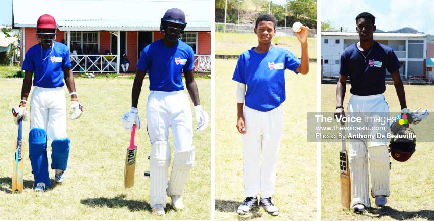 Image: (L-R) Gros Islet opening pair Dane Edward and Kimani Melius dominated the Central Castries bowling, left arm orthodox leg spinner Simeon Gerson and Johnnel Eugene (Central Castries). (PHOTO: Anthony De Beauville)