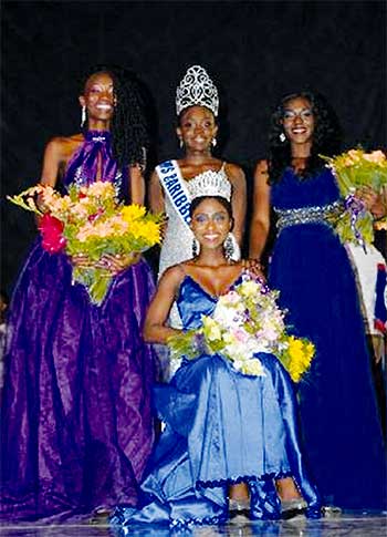 Image: From left to right, Miss Barbados, Miss Dominica (standing) ZenaidaJnBaptiste (seated), Miss Belize (right). PHOTO: by Quantamie Wilson