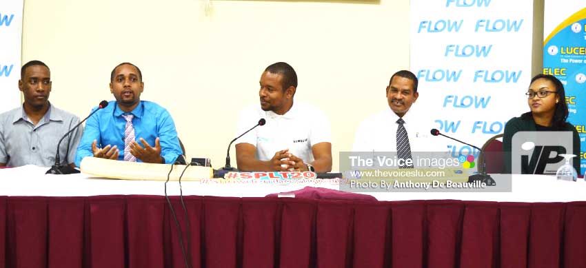 Image: (L-R) Nyus Alfred (SPL T20 Media Communication Officer), Hasan Eristhee (CEO SPL T20), Terry Finisterre (Flow Communication), Roger Joseph (LUCELEC Corporate Manager for Communication) and Nikisha Rabess (Marketing Officer for Bay Gardens Hotel). (PHOTO: Anthony De Beauville)