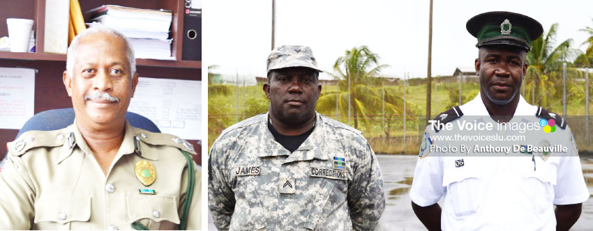 Image: (L-R) Assistant Deputy Director of Administration at the BCF, Patrick Allain; Awardees, Correctional Officer 2 Etheldred James and Correctional Officer 2 Michael Casimir. (PHOTO: Anthony De Beauville)