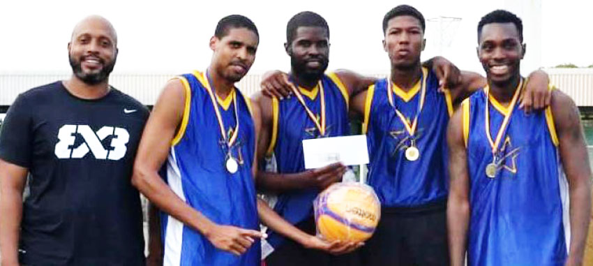 Image: (L-R) SLBF President Leslie Collymore with newly crowned champions Savage Storm - Keegan Preville, Andre Louison, Marlon Samuel and ShamoirJn Baptiste. (PHOTO: SLBF)