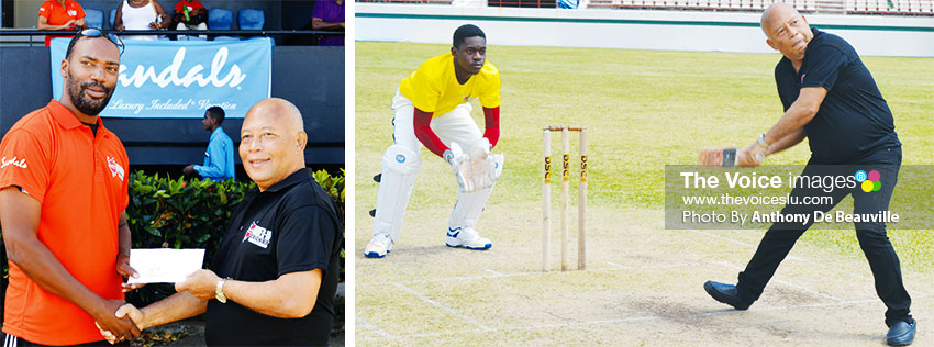 Image: (L-R) SLNCA 1ST Vice President Shaun Alcindor receiving the sponsorship cheque from Sandals General Manager, Winston Anderson; General Manager for Sandals, Winston Anderson get things going as he aims for a maximum at the DSCG (Photo: Anthony De Beauville)