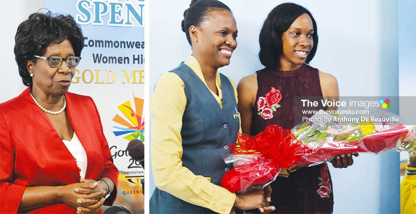 Image: (L-R) Former Governor General Dame PearletteLouisy an avid fan of Levern Spencer ; Cherry Anne Plumber Marketing Officer of 1st National Bank presenting Levern Spencer with a bouquet of flowers. (PHOTO: Anthony De Beauville)