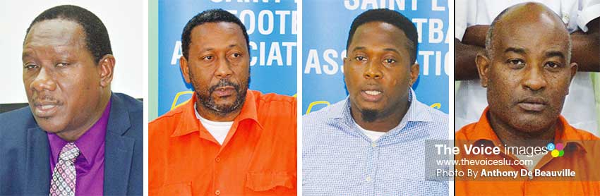 Image: (L-R) Parliamentary representative for Gros Islet- Lenard Montoute, SLFA President – Lyndon Cooper, GIFL President – Shane Paul and Director of Youth and Sports – Patrick Mathurin. (PHOTO: Anthony De Beauville)