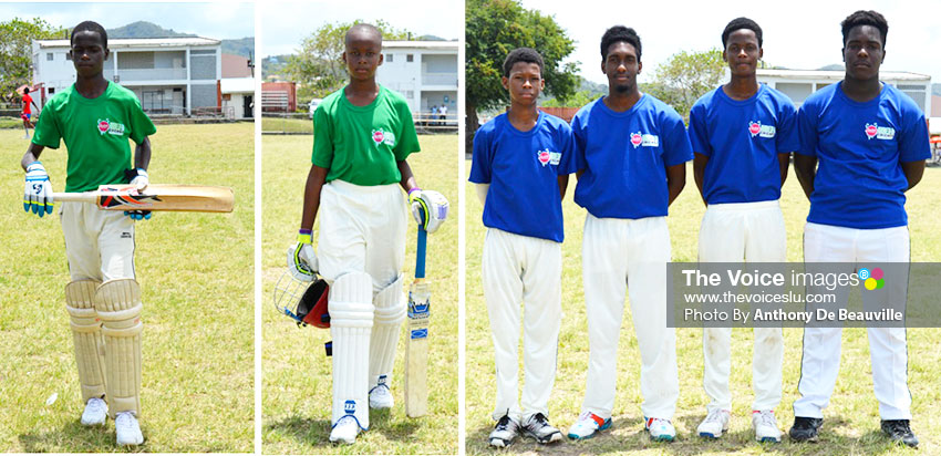 Image: (L-R) Lerry Auguste top scored for South Castries; Kinsley Paul youngest player on the South Castries team; Simeon Gerson 3 for 26, Rumario Simmons 1 for 24, Udel Preville 2 for 5 and Rene Montoute 3 for 23 (Gros Islet). (Photo: Anthony De Beauville)