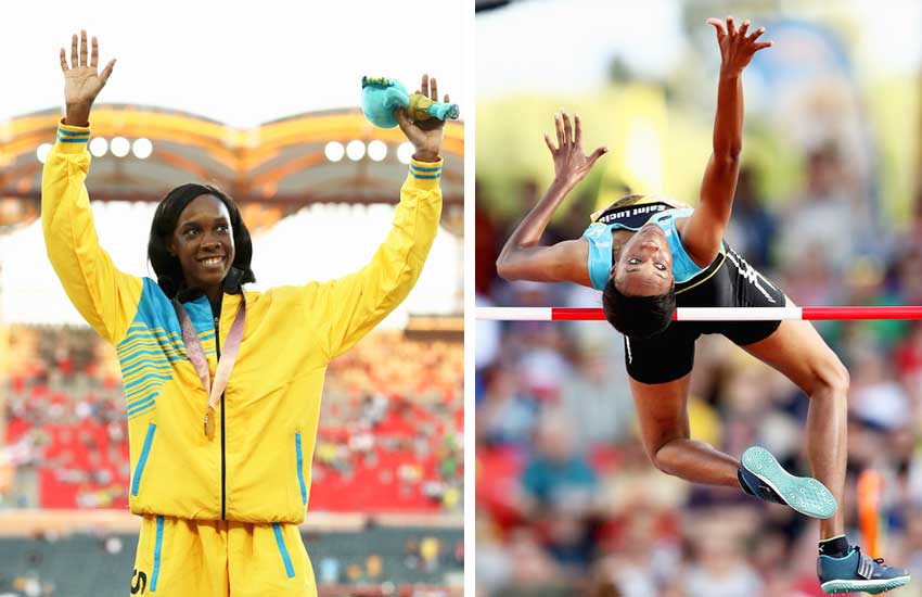 Gold medalist Levern Spencer of Saint Lucia celebrates during the medal ceremony for the Women’s High Jump; Levern Spencer of Saint Lucia competes in the Women’s High Jump final (Photo: Mark Metcalfe/Getty Images Asia Pac)