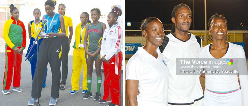 Image: Saint Lucia captain Megan Nestor is surrendered by the captains of the participating teams as she reads the players Oath; championship officials all set for their duties on centre court. (PHOTO: Anthony De Beauville)