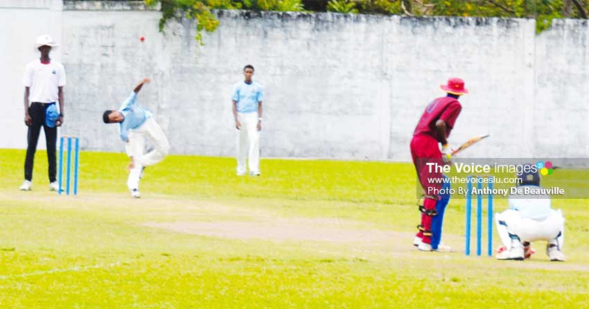 Image: Orthodox left arm spinner and SMC captain Simeon Gerson bowls a delivery.( PHOTO: Anthony De Beauville)