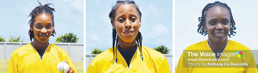 Image: (L-R) Zaida James (debutant) Malika Edward top scored with 26 not out and picked up 2 for 9, Marlene Previllle bagged 4 for 20 versus Dominica. (PHOTO: Anthony De Beauville)