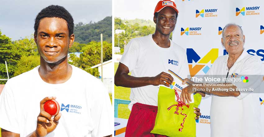 Image: (L-R) Fast bowler and man of the match Dudley Charles picked up 5 for 27; Charles received his man of the match award from Director - United Insurance Agents (Saint Lucia) Limited - Hollis Bristol. (PHOTO: Anthony De Beauville)