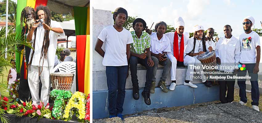 Image: (L-R) Local artiste and Tafari’s coach at the youth level Leslie Nelson (RasIsley); RasIsley continues the drumming with Tafari’s friends and family members (Photo: Anthony De Beauville)