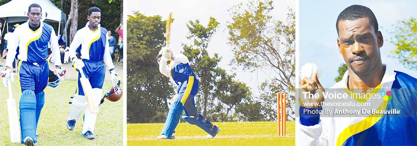 Image: (L-R) Openers Vidal Crandon and Quaine Henry, Vidal Crandon on the go, Tyler Sookwa picked up 3 for 31 for Babonneau Under-19s. (PHOTO: Anthony De Beauville)