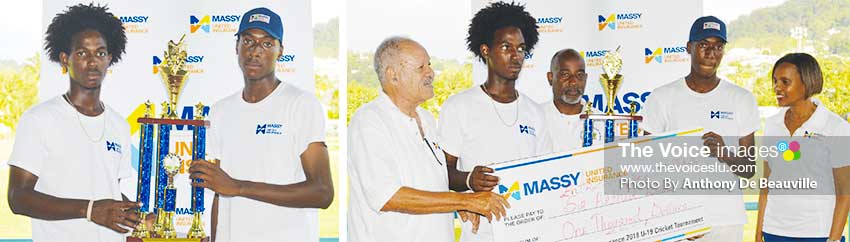 Image: (L-R) SALCC and Entreport Secondary School U19 captains holds the championship trophy; the two teams received EC$1000 each . (PHOTO: Anthony De Beauville)