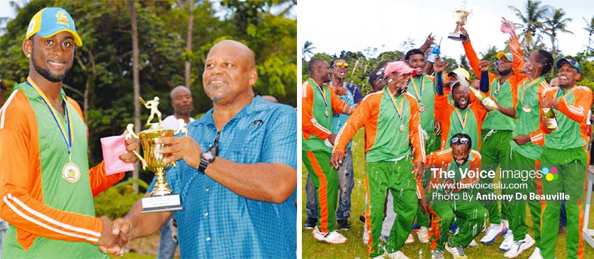 Image: (L-R) Touring United captain Jason Simon receiving the champions trophy from Parliamentary Representative for Babonneau Ezekiel Joseph; Touring United celebrates. (PHOTO: Anthony De Beauville)