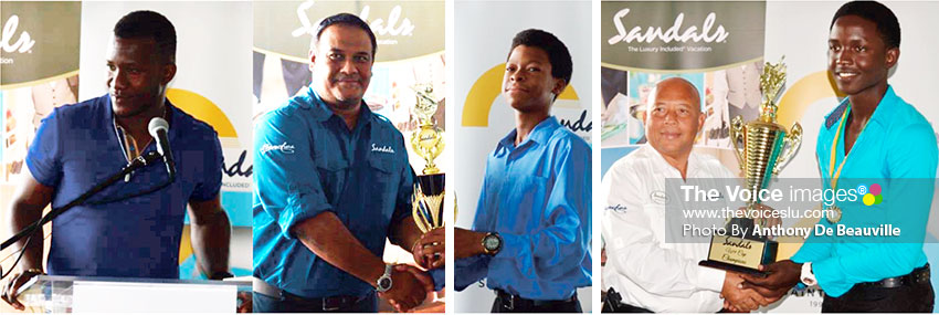 Image: (l-r) Former West Indies Captain Daren Sammy addressing the young cricketers, Sandals Regional Public Relations Manager Sunil Ramdeen presenting the MVP award to Simeon Gerson, Sandals Managing Director Winston Anderson presenting Gros Islet Kimani Melius with the championship trophy (Photo; Anthony De Beauville)