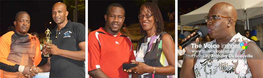 Image: (L-R) Garvin Fanus (Leeds) Best Goalkeeper receiving his award from Cyrille Charles, Shervin Charles, Tournament MVP receiving his ward from a member of the Organising Committee and Gale Rigobert, Micoud North Parliamentary Representative addressing the gathering. (PHOTO: Anthony De Beauville)