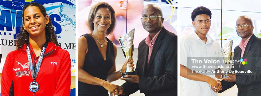 Image: (L-R) Katie Kyle Senior female Swimmer of the Year, her mother Indy Kyle receiving award on her behalf from PS Sports Donavan Williams, Senior male Swimmer of the year JayhanOdlum-Smith receiving his award from PS Sports Donavan Williams . (PHOTO: Anthony De Beauville)