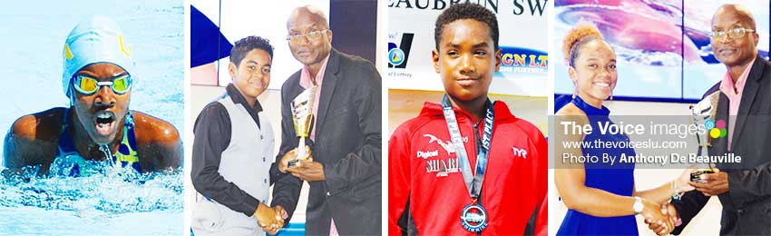 Image: (L-R) Naima Hazell Junior female swimmer of the Year, her brother Ethan Hazell receving award from PS Sports Donavan Williams, Antoine Destang Junior Male Swimmer of the Year, Mikaela Casimir receving award on his behalf from PS Sports Donovan Williams. (PHOTO: Anthony De Beauville)