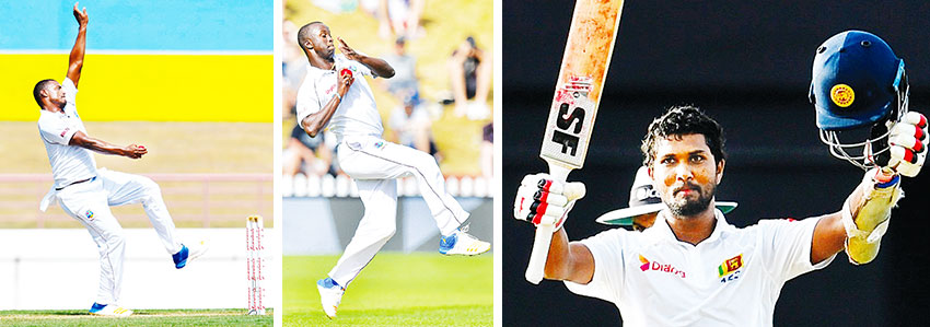 Image: (L-R) Shannon Gabriel 5 for 59, Kemar Roach 4 for 49 and Dinesh Chandimal 119 not out. (PHOTO: CWI Media/ Randy Brooks/AFP)