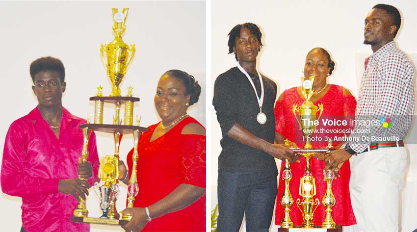 Image: (L-R) Grenada Team captain receiving the championship trophy from DPS, Liota Charlemagne - Mason; Saint Lucia and Saint Vincent and the Grenadines captain receiving the second place trophy (tie) from DPS, Liota Charlemange- Mason. (PHOTO: Anthony De Beauville)