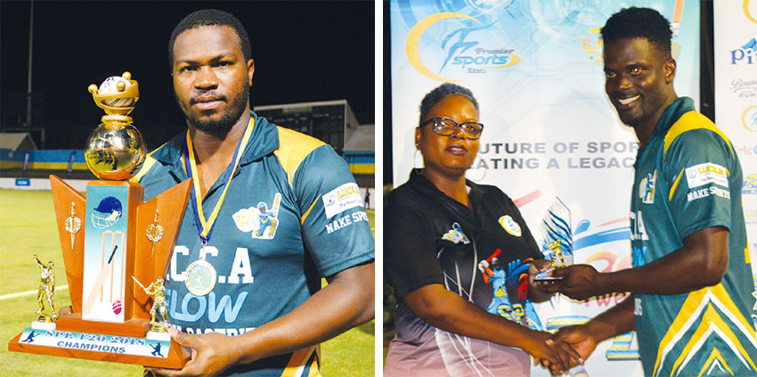Image: (L-R) Johnson Charles with the SPL T20 2018 Champions trophy; Andre Fletcher receiving the MVP award for the final (PHOTO: Anthony De Beauville)