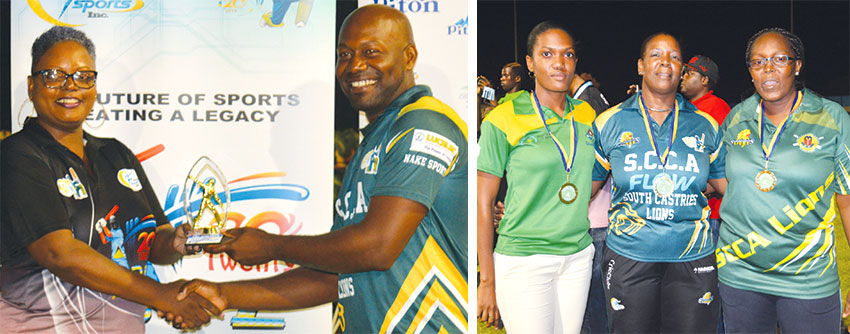 Image: (L-R) South Castries Lions, bowler with the Most Wickets (11) SherlonIsidore receiving his award the women behind the scene, Yasmine St.Ange, Eugenia Gregg and PhillipaEudovic. (PHOTO: Anthony De Beauville)