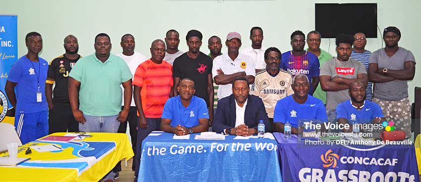 Image: Course participants, along with SLFA President Lyndon Cooper, CONCACAF Instructor Lenny Lake (Saint Kitts and Nevis) and facilitators Emmanuel Bellas and Solomon Alexander (Saint Lucia) at Friday morning official opening at the SLFA Headquarters (Photo: Anthony De Beauville)