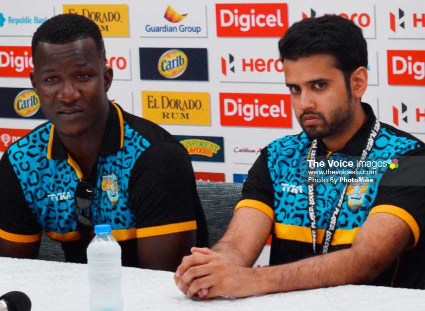 Image: (l-r) Daren Sammy and Mohammed Khan at Wednesday pre match press conference at the Harbor Club (Photo: Anthony De Beauville)