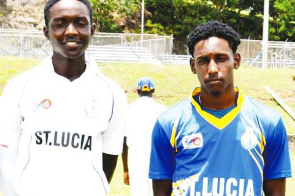 Image: (L-R) Saint Lucia and Windward Islands players Kimani Melius (25), Johnnel Eugene (29) and Simeon Gerson (3 for 75) versus Jamaica ( Photo: Anthony De Beauville)