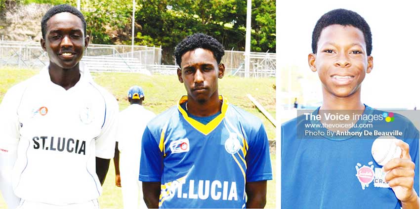 Image: (L-R) Saint Lucia and Windward Islands players Kimani Melius (25), Johnnel Eugene (29) and Simeon Gerson (3 for 75) versus Jamaica ( Photo: Anthony De Beauville)