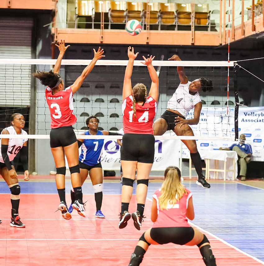 Image: Saint Lucia’s Lisa Casimir (No.4) goes airborne as she hit a powerful spike against Bermuda (Photo: ECVA)