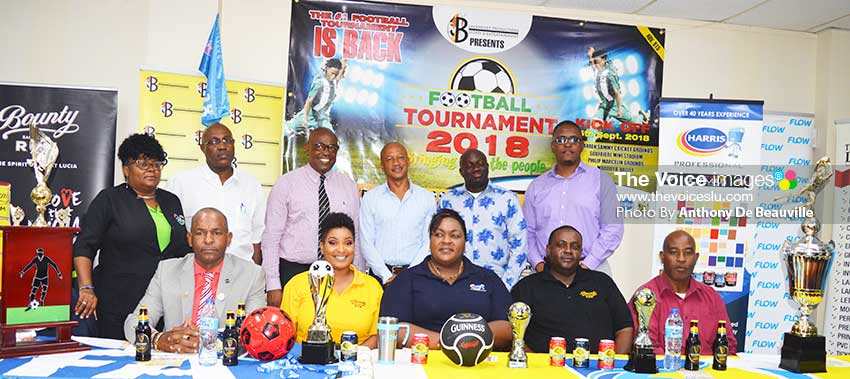 Image: A photo moment for Blackheart CEO, David Christopher, SLFA General Secretary - Victor Reid, Director for Youth Development and Sports - Patrick Mathurin, Maritime Consultant - Cuthbert Didier and Sponsors. (Photo: Anthony De Beauville)