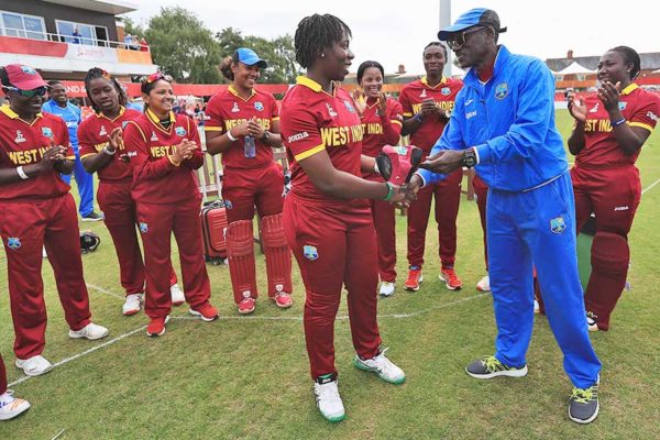 Image: Qiana Joseph on debut against South Africa for the West Indies in the ICC 2017 Women’s Cricket World Cup in England gets her cap from Vasbert Drakes (Photo: IDI/Getty Images)