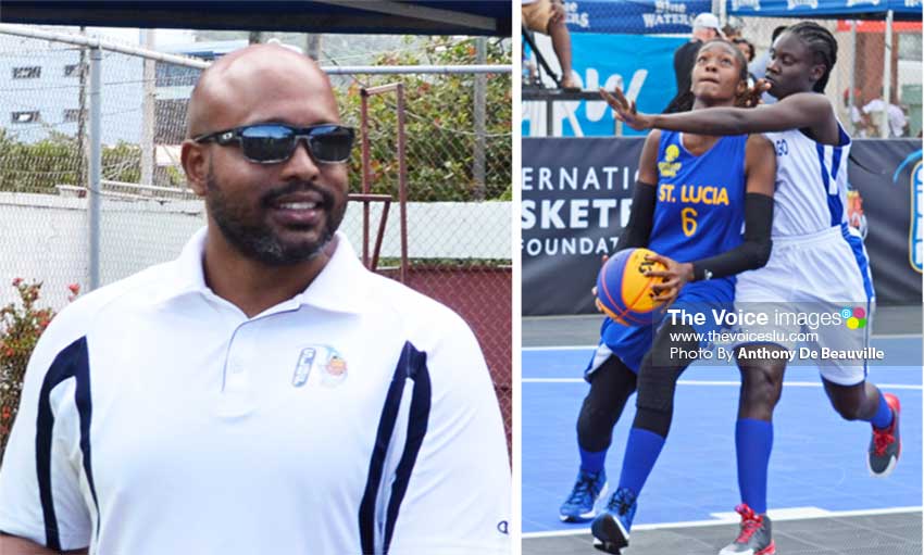 Image: (l-r) SLBF President, Leslie Collymore; some of the female action between Saint Lucia and Trinidad and Tobago during the hosting of the Antilles IBF 3X3 Under -18 Tournament at the Vigie Multipurpose Sports Complex (Photo: Anthony De Beauville)