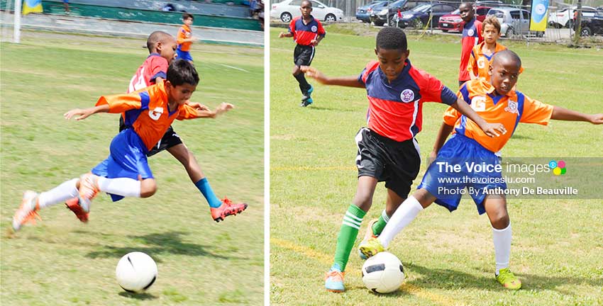 Image: (L-R) Some of the action between FLOW Lancers FC and Valley Soccer FC. (PHOTO: Anthony De Beauville)
