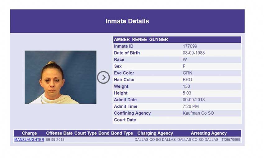 Image: Arrest record for Amber Guyger(KAUFMAN COUNTY JAIL)